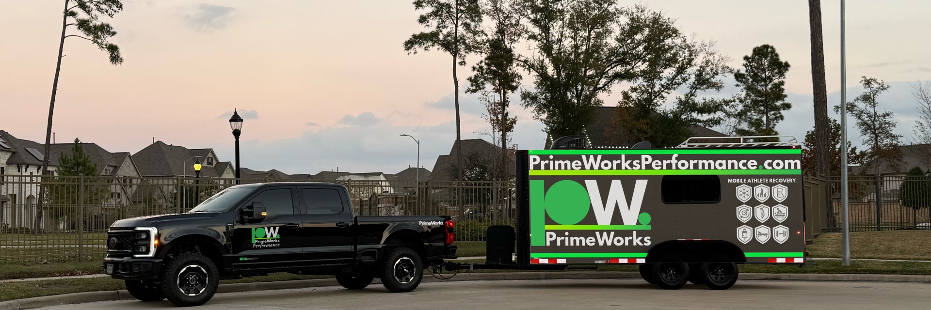 PrimeWorks Performance mobile recovery trailer at dusk